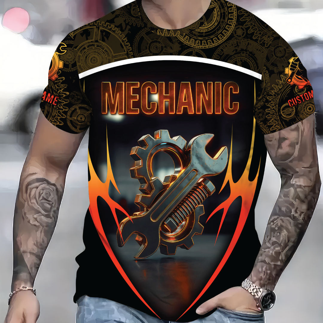 Blisscorners Personalized Gear And Wrench Mechanic Shirt, Custom Name Work Shirt For Auto Repair, Garage And Engineering Professionals