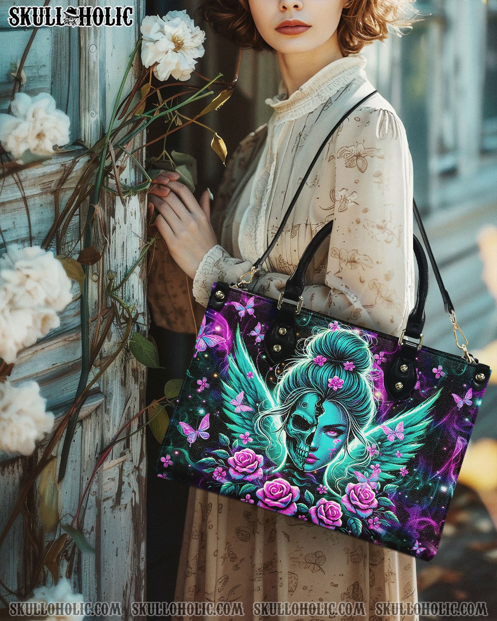 BLISSCORNERS SKULL WINGS WITH ROSES LEATHER HANDBAG