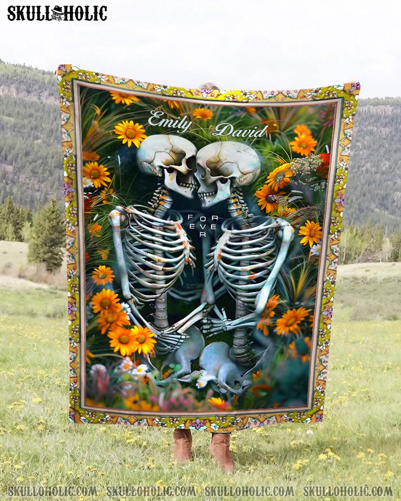 BLISSCORNERS PERSONALIZED SKULL COUPLE FLOWERS FLEECE BLANKET