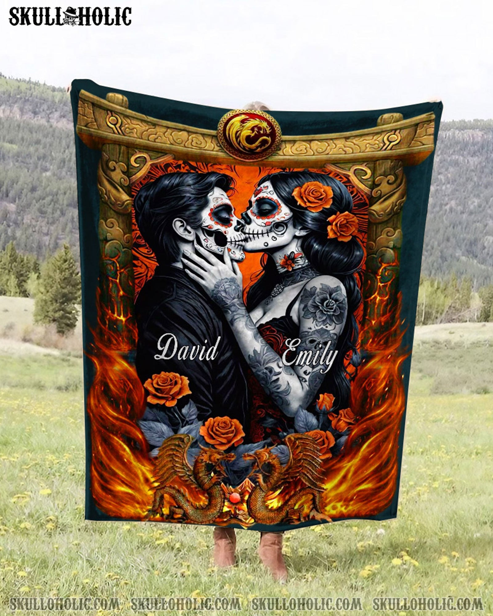 BLISSCORNERS PERSONALIZED SKULL COUPLE FLEECE BLANKET