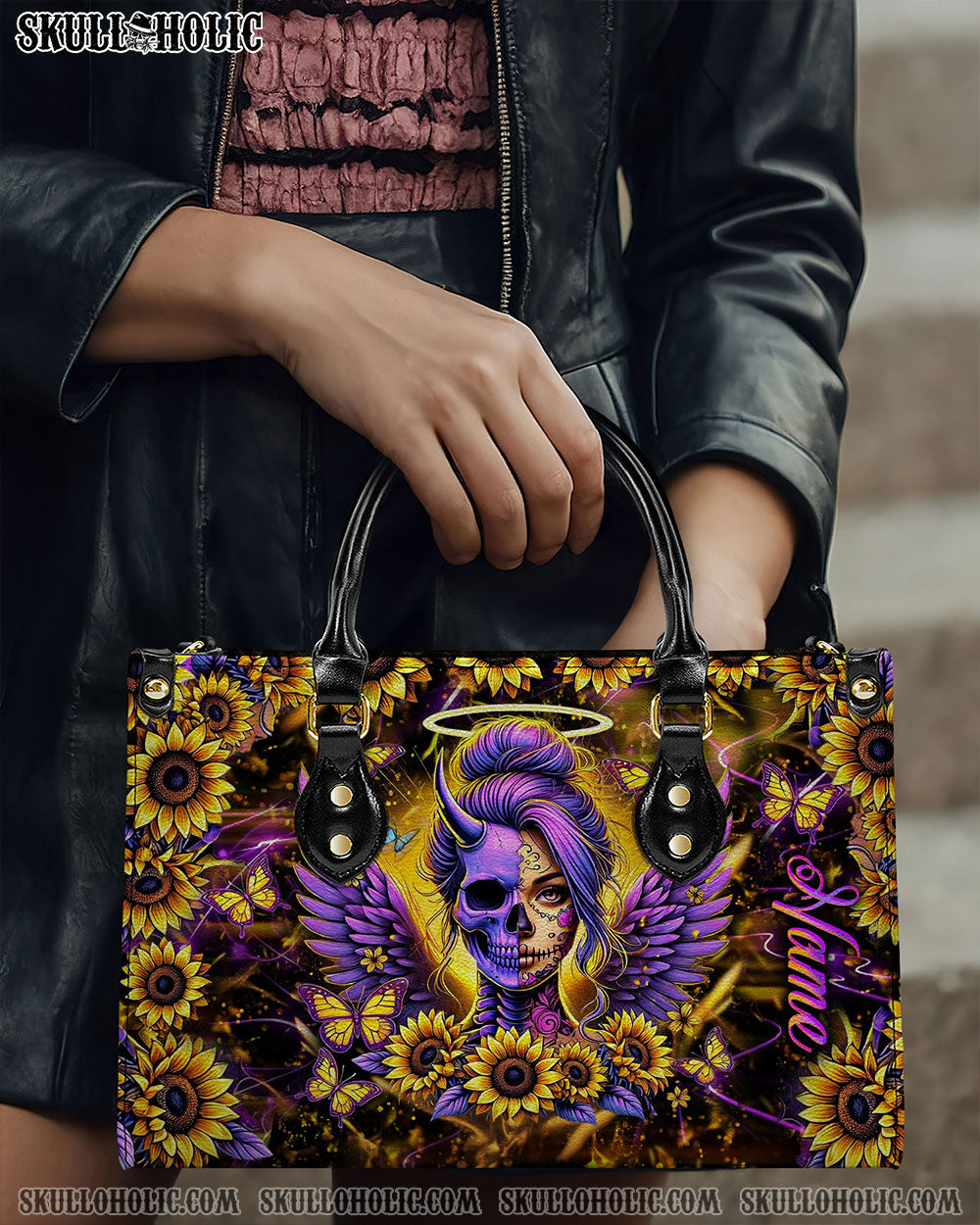 BLISSCORNERS SKULL LADY SUNFLOWER LEATHER HANDBAG