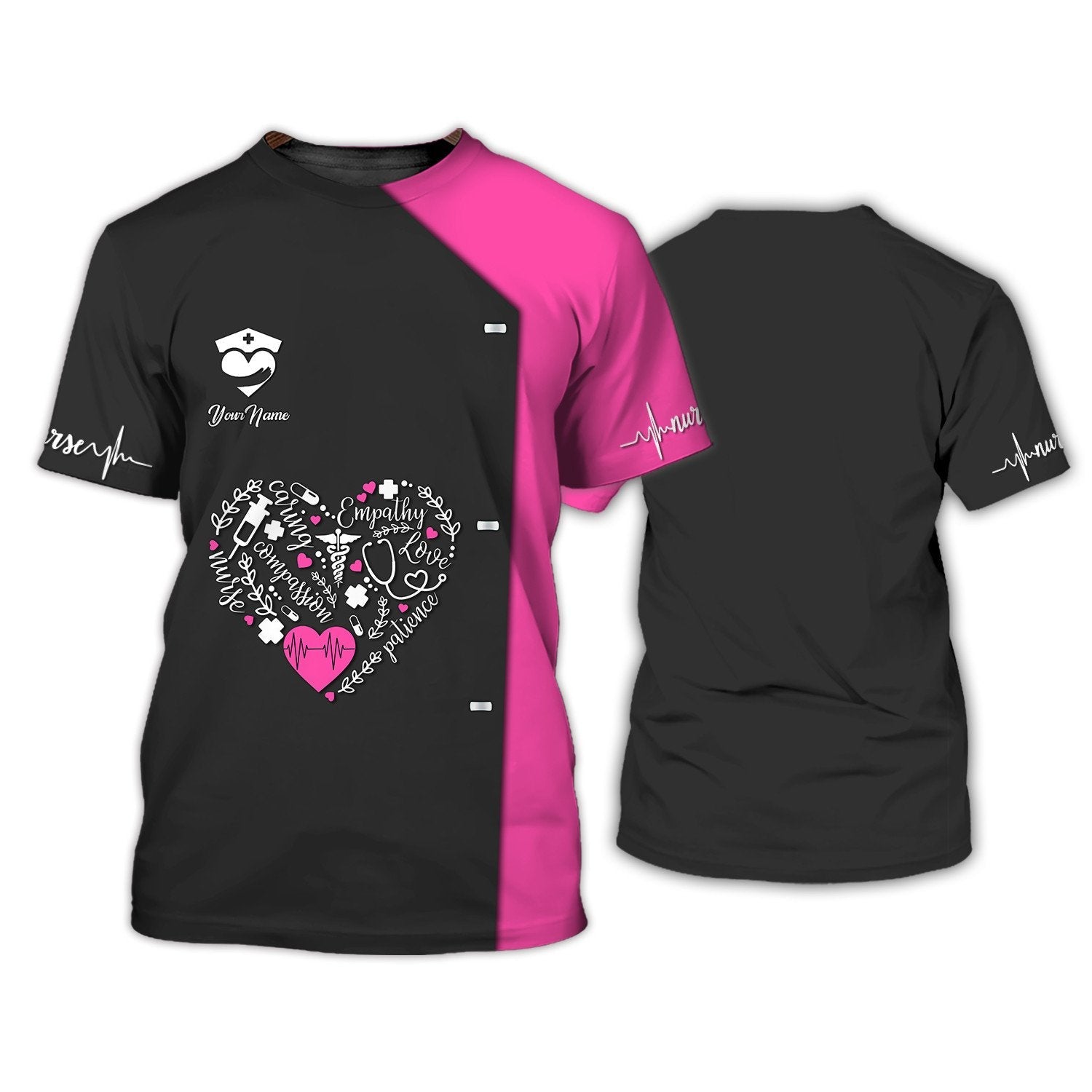 Blisscorners Nurse Heart 3D All Over Print Shirt Custom Medical Tee Shirt Black Pink, Nurse Uniform Shirt