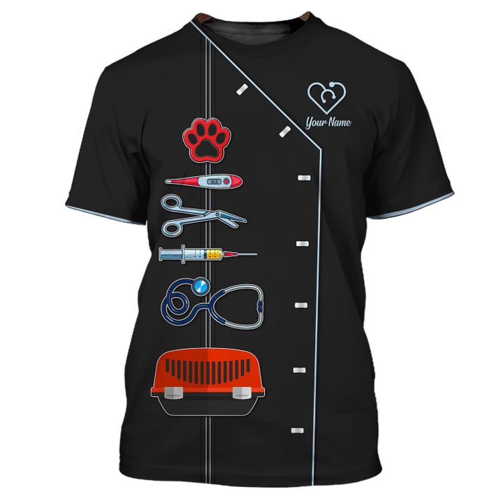Blisscorners Black Pet Veterinarian Tool Uniform Personalized Name Veterinary 3D Tshirt