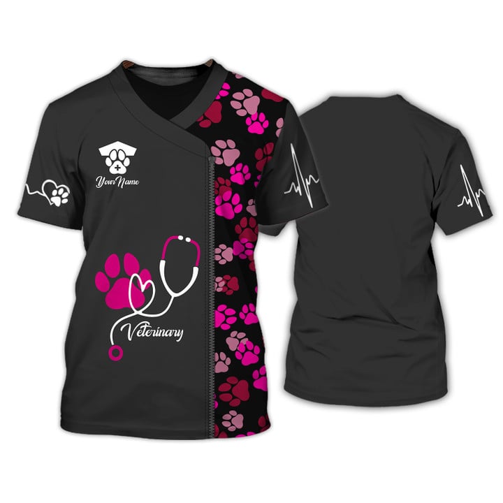 Blisscorners Black Pink Animal Veterinarian Uniform Personalized Name Paw Pattern 3D Tshirt