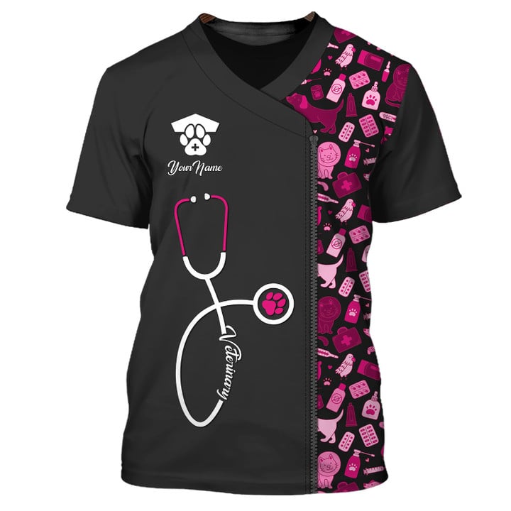 Blisscorners Black Pink Pet Veterinarian Tool Uniform Personalized Name Veterinary 3D Tshirt