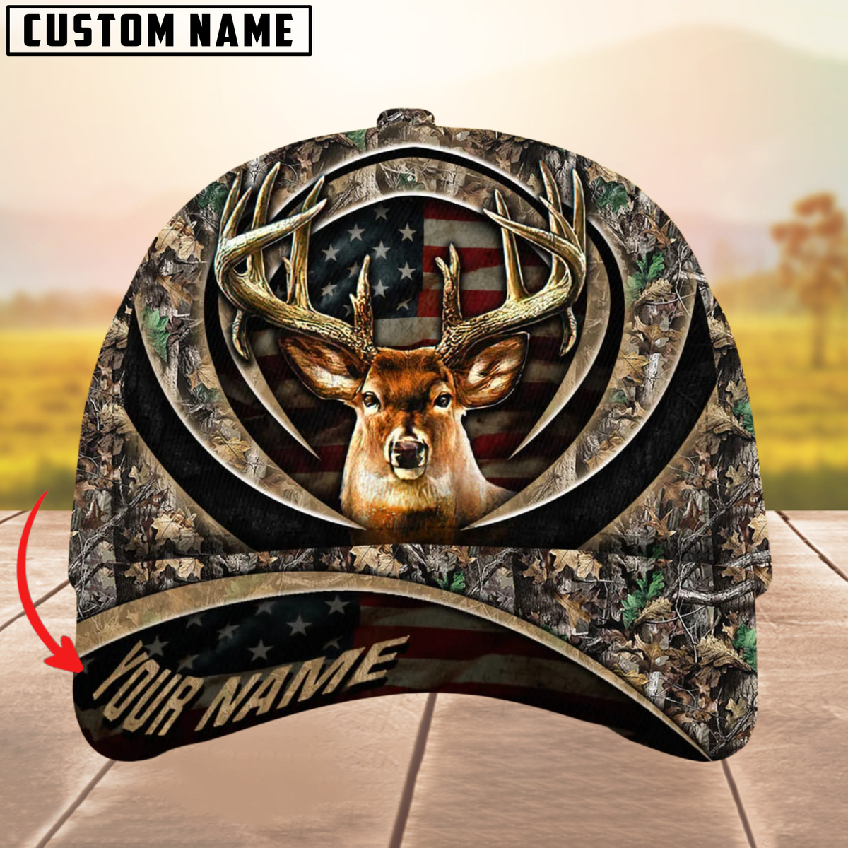 Blisscorners Premium The Best Of Flag Deer Arc Hunting Camouflage Pattern Multicolor Personalized Name 3D Cap