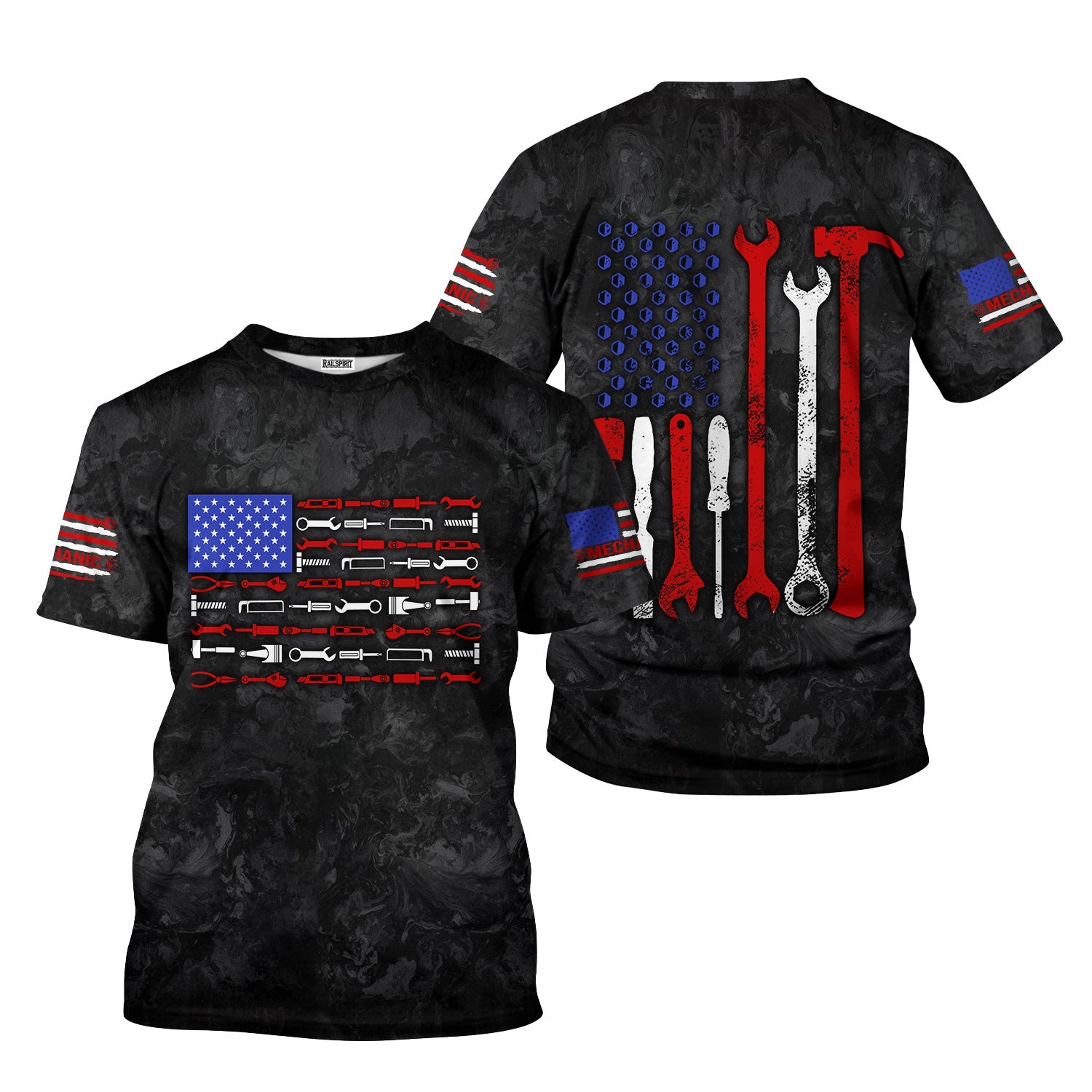 Blisscorners American Flag Tool Shirt, Vintage Mechanic Tools T-shirt for Men, Patriotic USA T-shirt with Wrench & Hammer, Perfect Gift for Tradesmen & DIY Enthusiasts