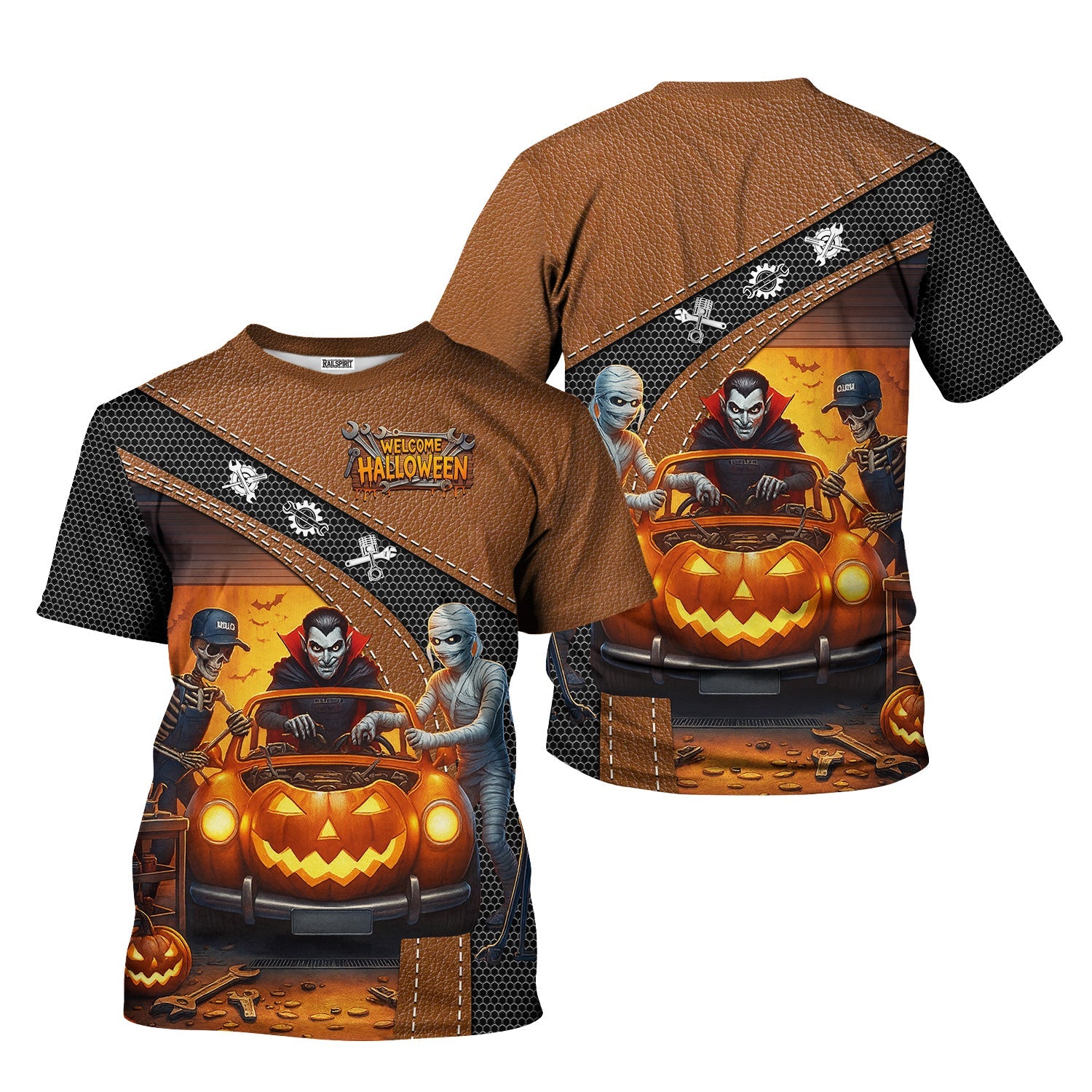 Blisscorners Halloween Mechanic T Shirt Funny Vampire Skeleton Mummy Pumpkin Car Spooky Auto Repair Garage Workwear Tee Gift For Men Women Halloween