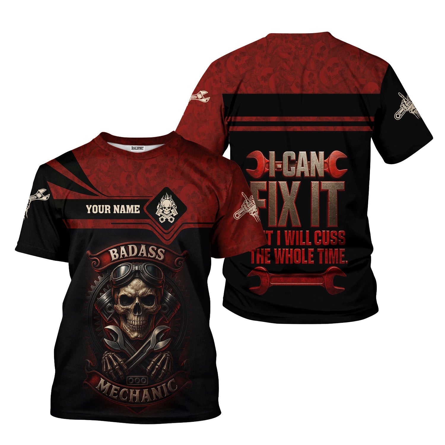 Blisscorners Personalized T-Shirt I Can Fix It But I Will Cuss The Whole Time Badas Mechanic Skull Style Shirt For Mechanics