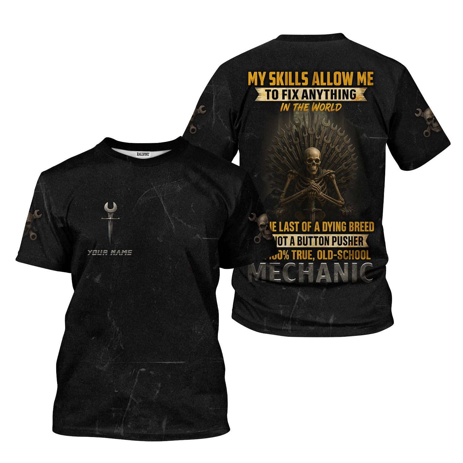 Blisscorners Custom Name Funny Mechanic T Shirt My Skills Allow Me To Fix Anything In The World Shirt For Mechanic