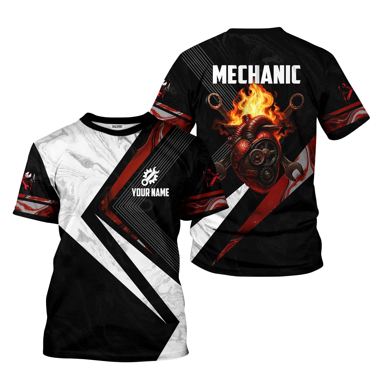 Blisscorners Custom Name Mechanic Shirt Mechanic Heart Fire Printed Mechanic T Shirt