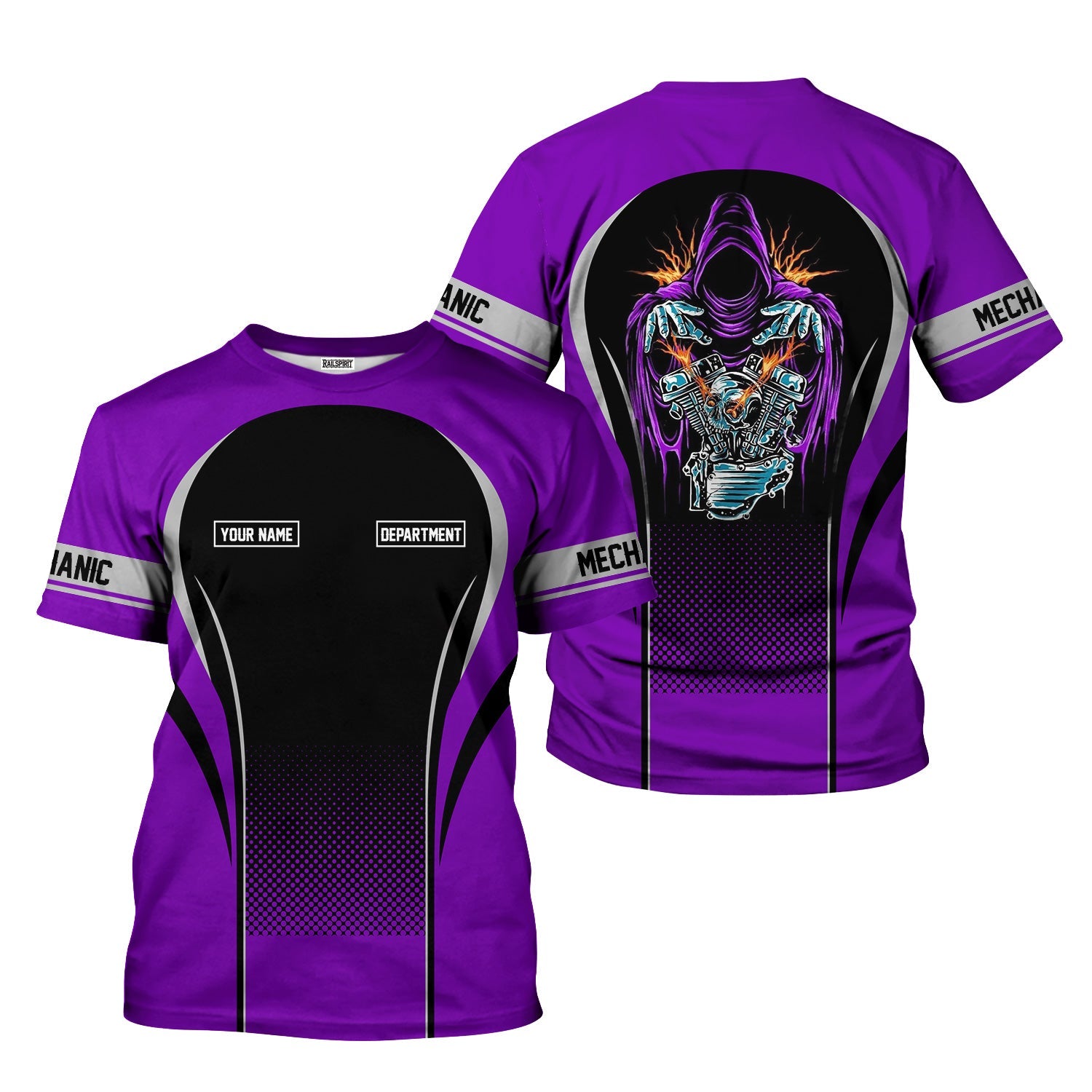 Blisscorners Custom Mechanic Shirt, Personalized Work Uniform, Custom Name & Department, Cool Mechanic Graphic Tee, Purple Engine Skull Design