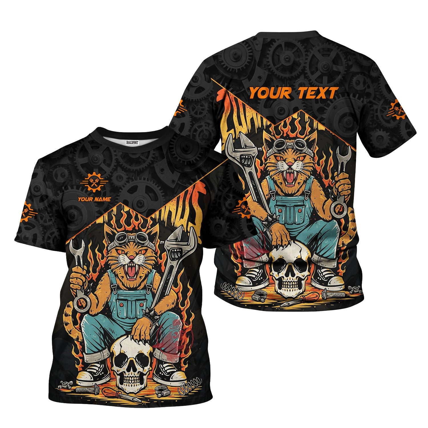 Blisscorners Personalized Mechanic Shirt Custom Name Funny Cat Skull Wrench Flames Auto Repair Garage Workwear Tee Car Repair Shirt Gift For Men Dad