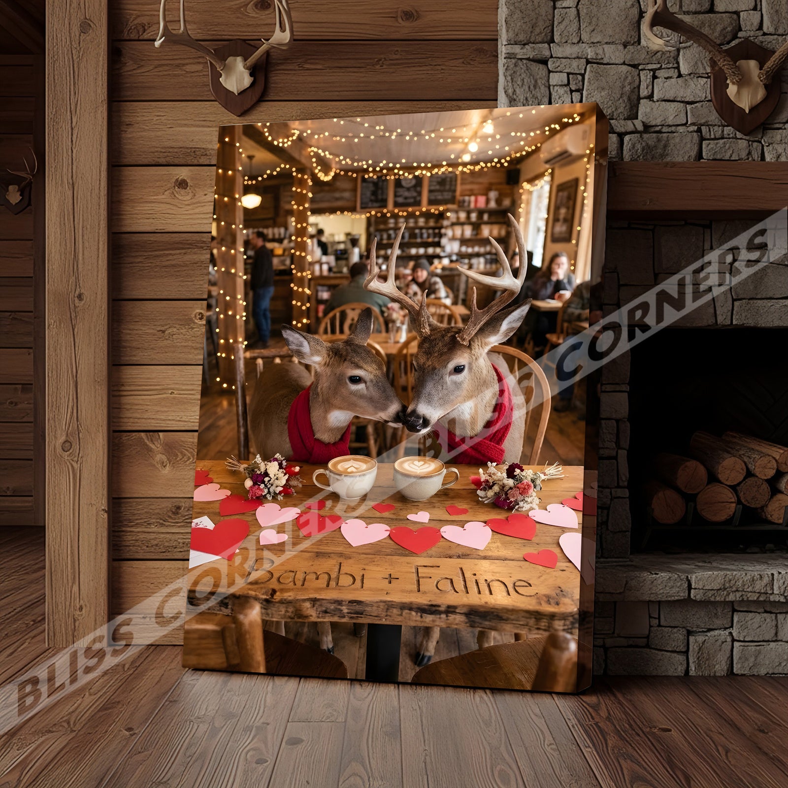 Blisscorners Deer Couple Coffee Date Rustic Café Personalized Name Canvas