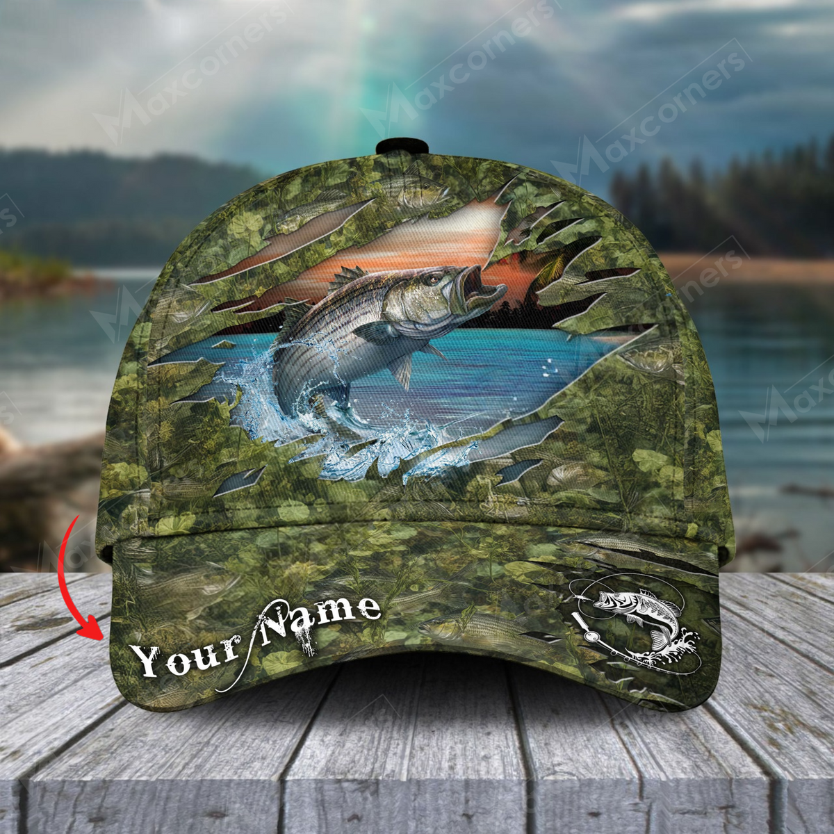 Blisscorners Stripe Bass Camouflage Fishing Customized Name 3D Cap