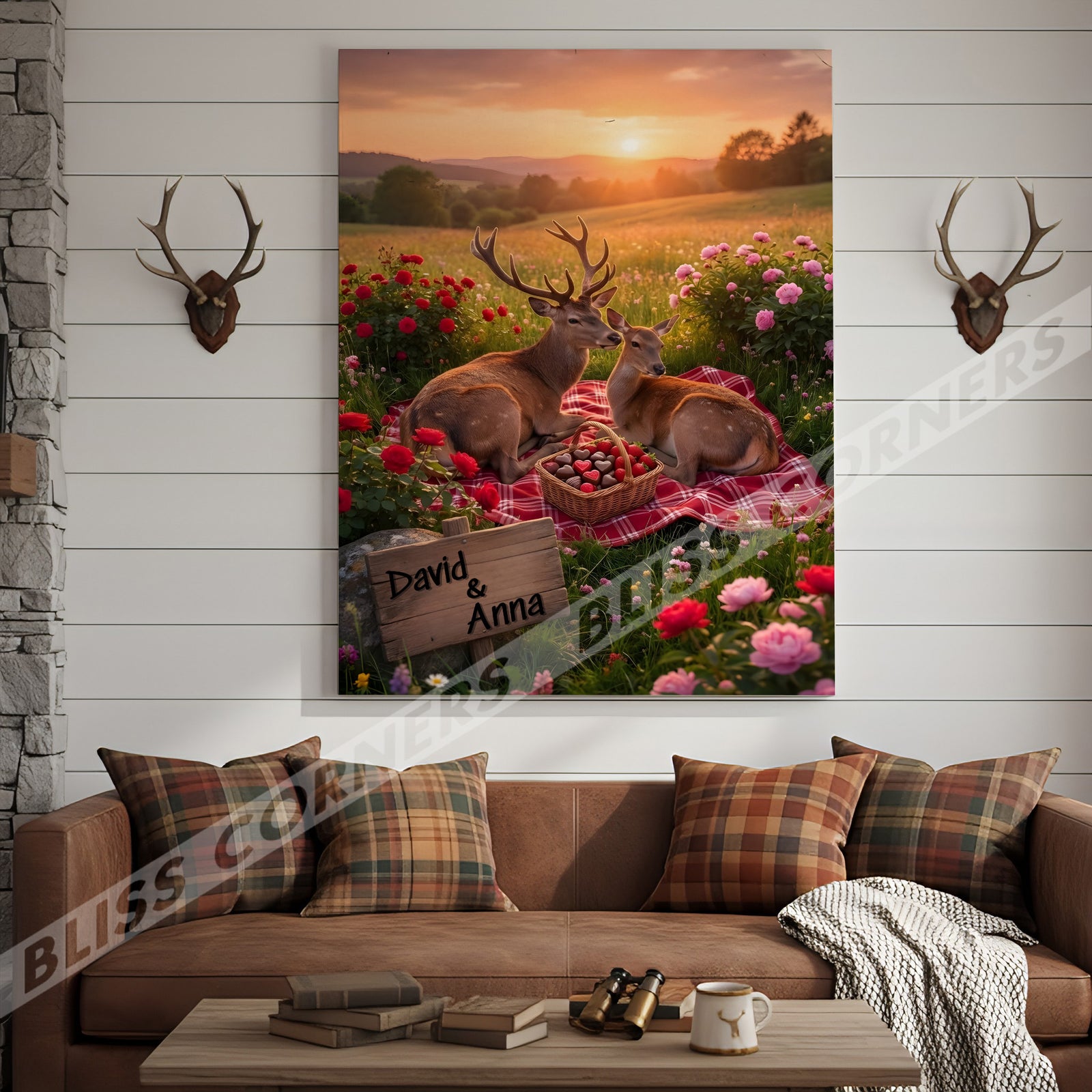 Blisscorners Romantic Deer Couple Sunset Picnic Personalized Name Canvas