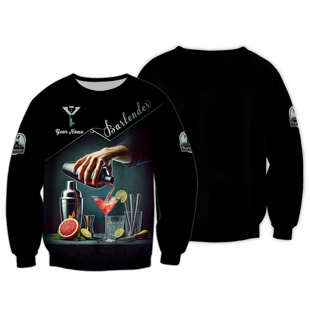 Blisscorners Custom Name Bartender 3D Shirt, Bartender Uniform Gift