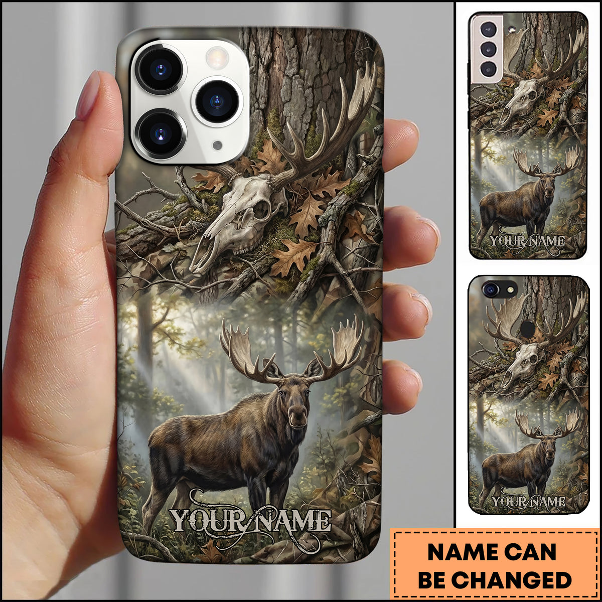 Blisscorners Artist Hunting Moose Deer Skull Forest Realistic Camo Personalized Name Phone Case