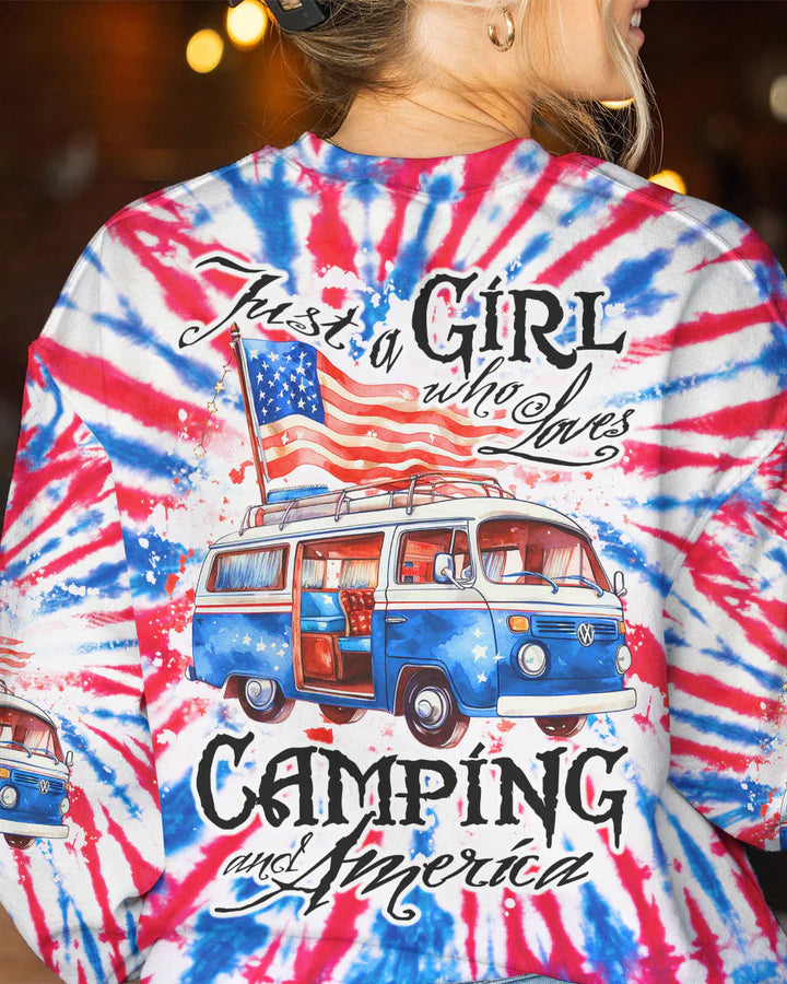 JUST A GIRL WHO LOVES CAMPING AND AMERICA TIE DYE ALL OVER PRINT