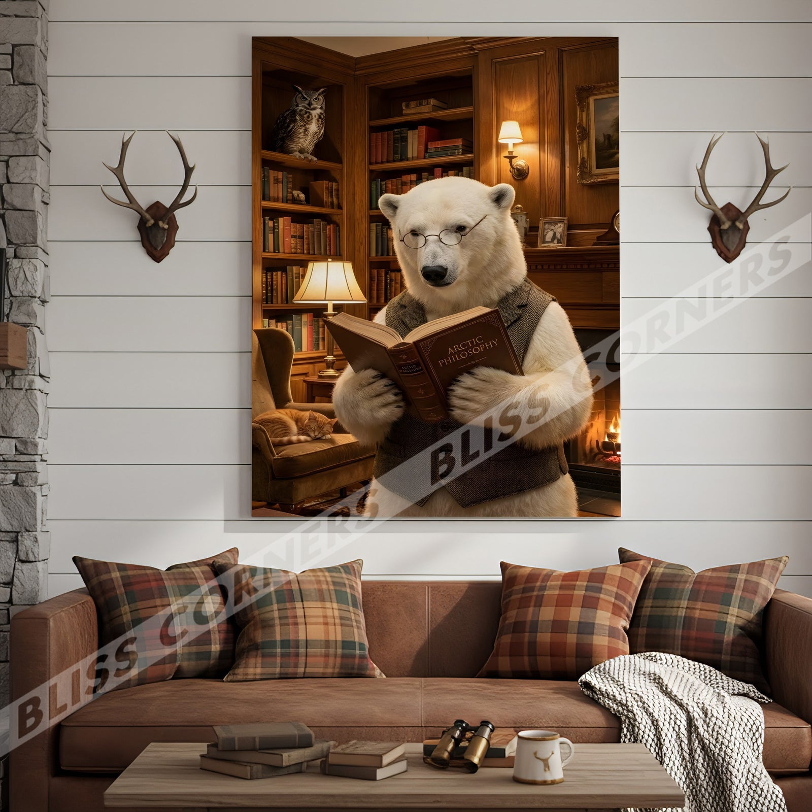 Blisscorners Wise Polar Bear Reading Book Cozy Library Canvas