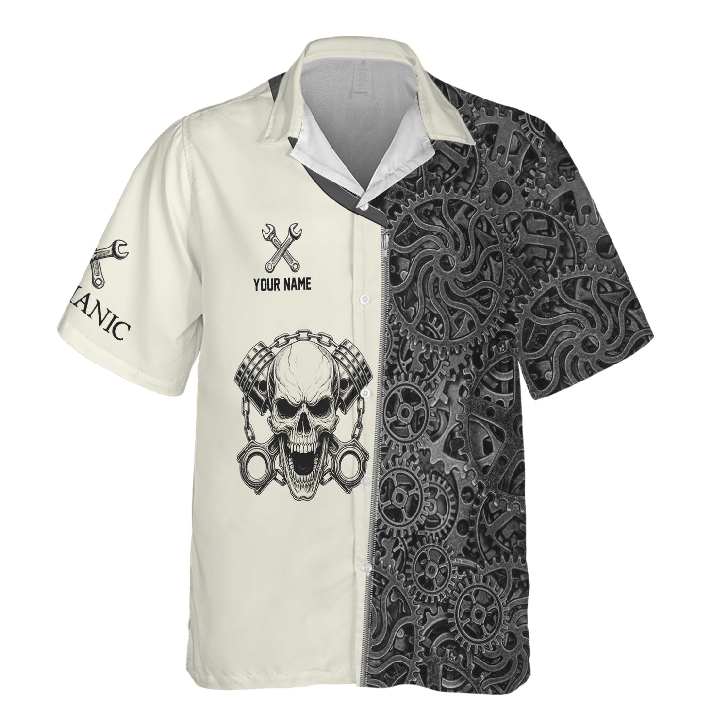 Blisscorners Custom Name Mechanic Shirt Skull with Engine Piston Design Gear Pattern T Shirt All Over Printed