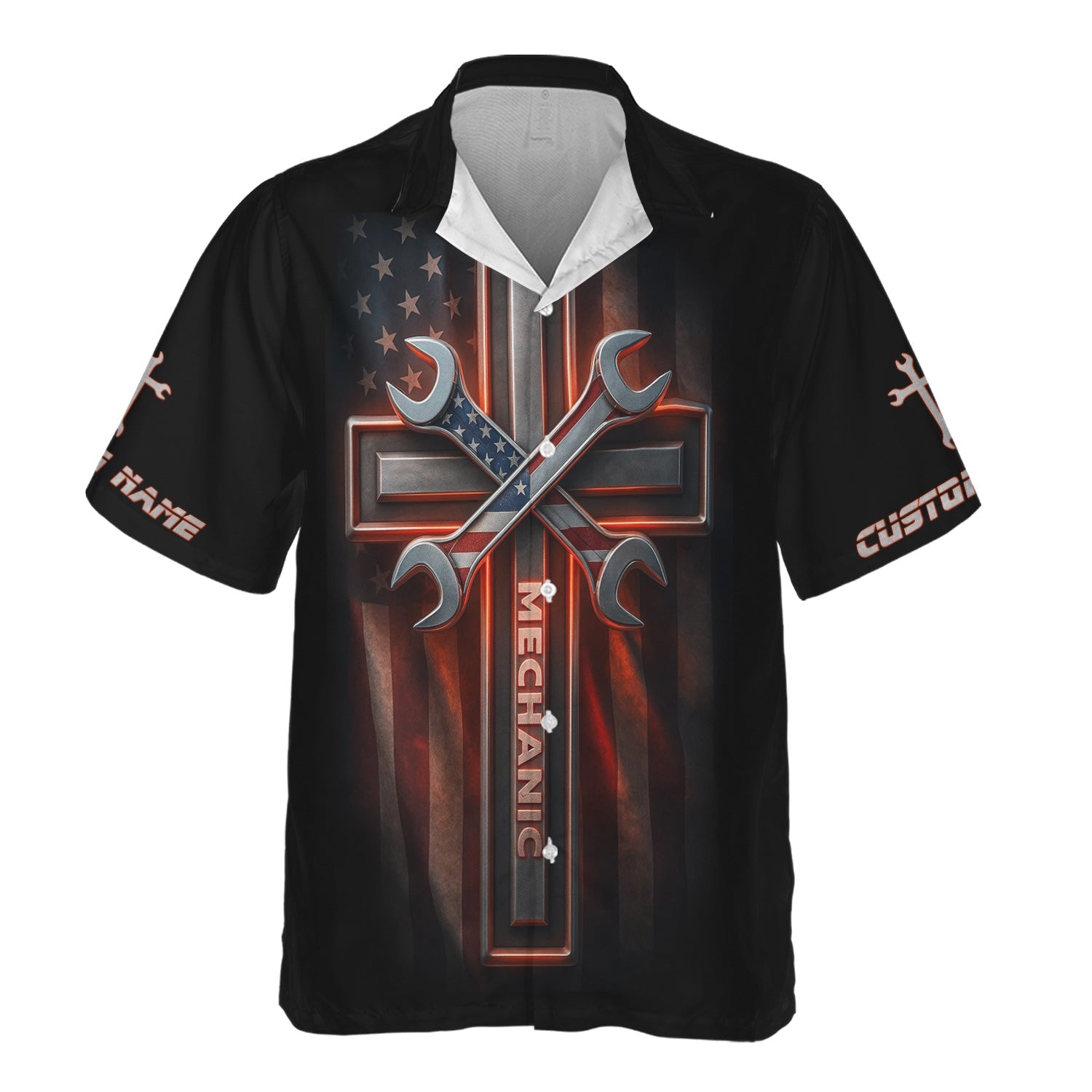 Blisscorners Custom Name Mechanic Shirt Wrench The Cross with USA Flag Design T Shirt