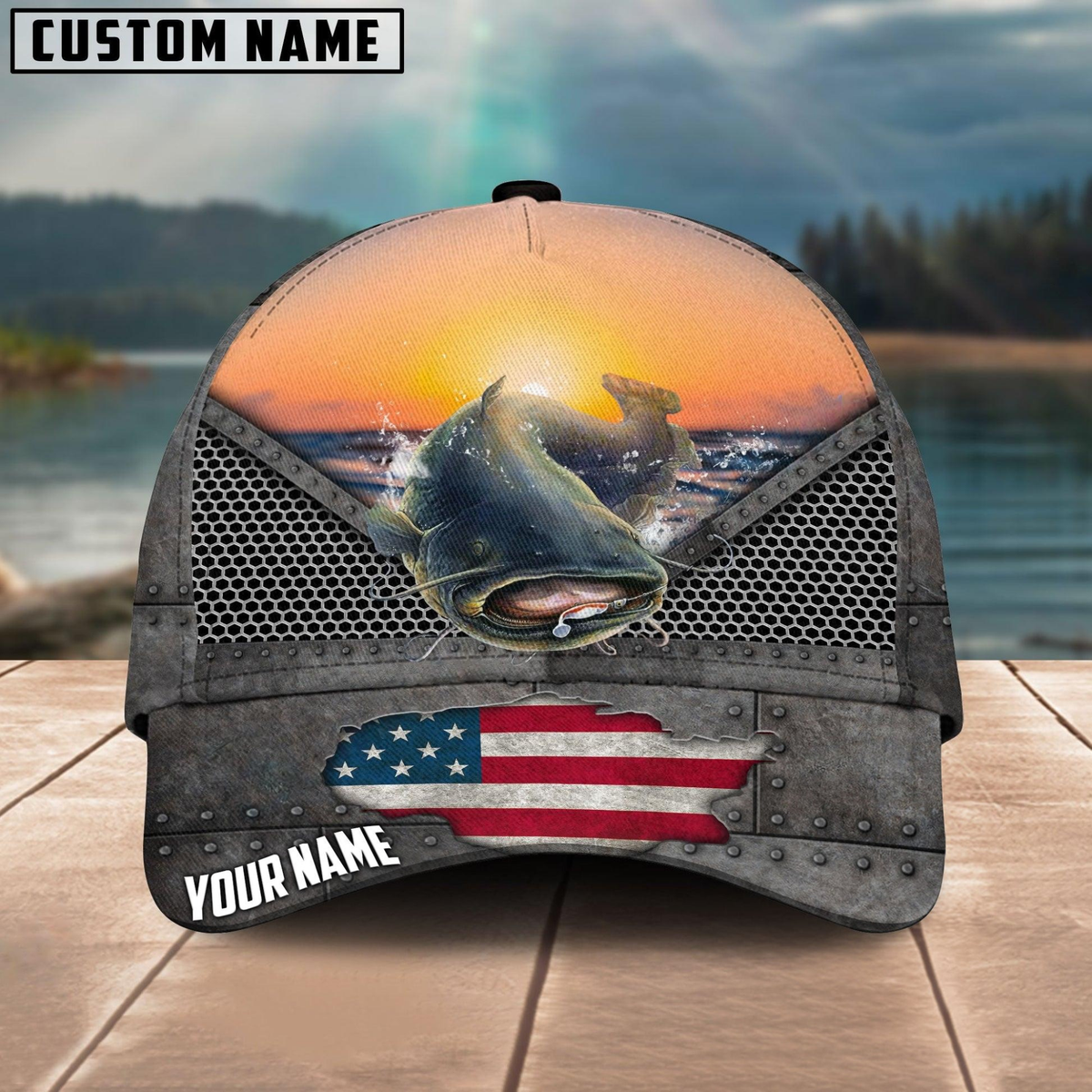 Blisscorners Catfish Fishing Sunset Customized Name 3D Cap