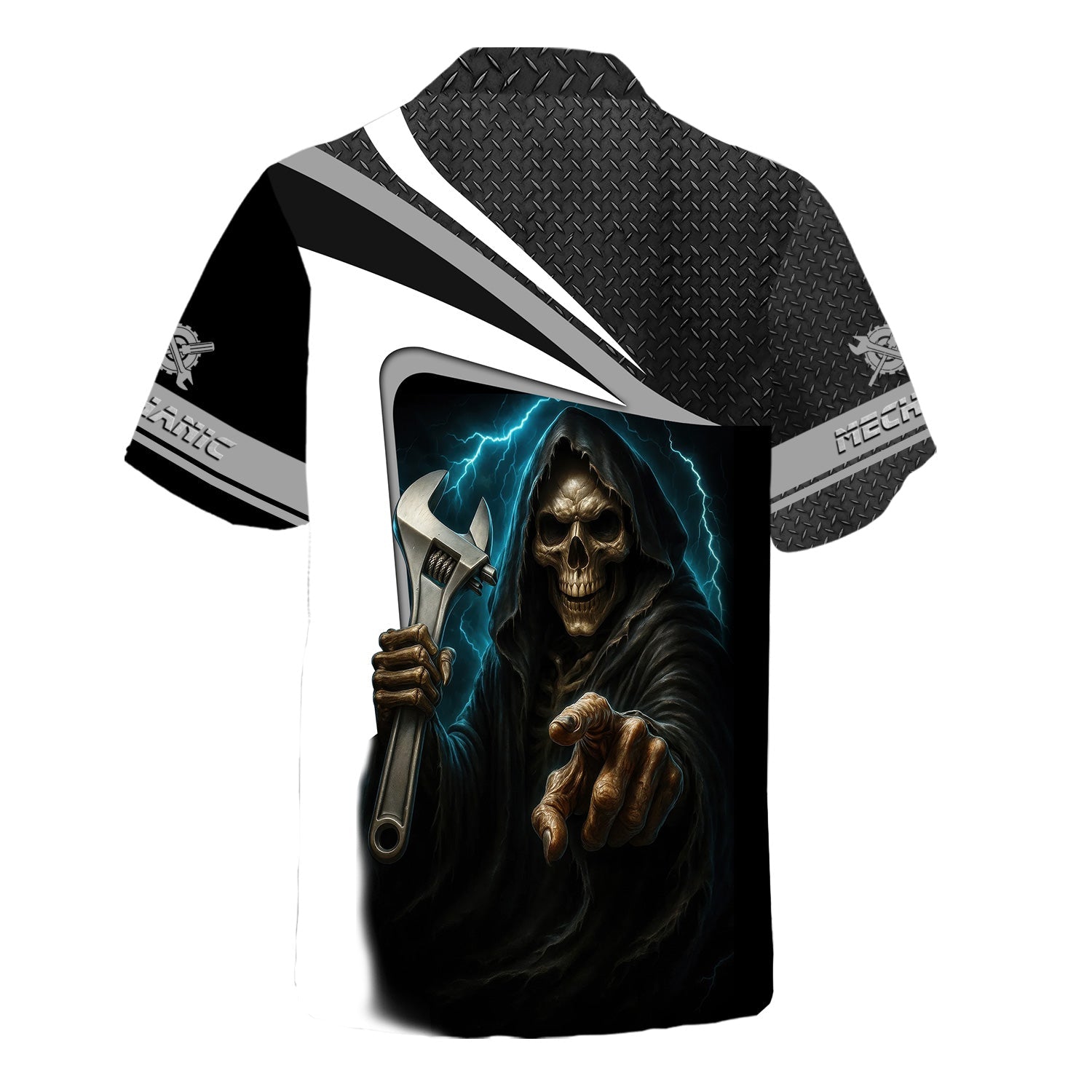 Blisscorners Custom Name Mechanic Shirt Grim Reaper Holding Wrench with Thunder Design T Shirt