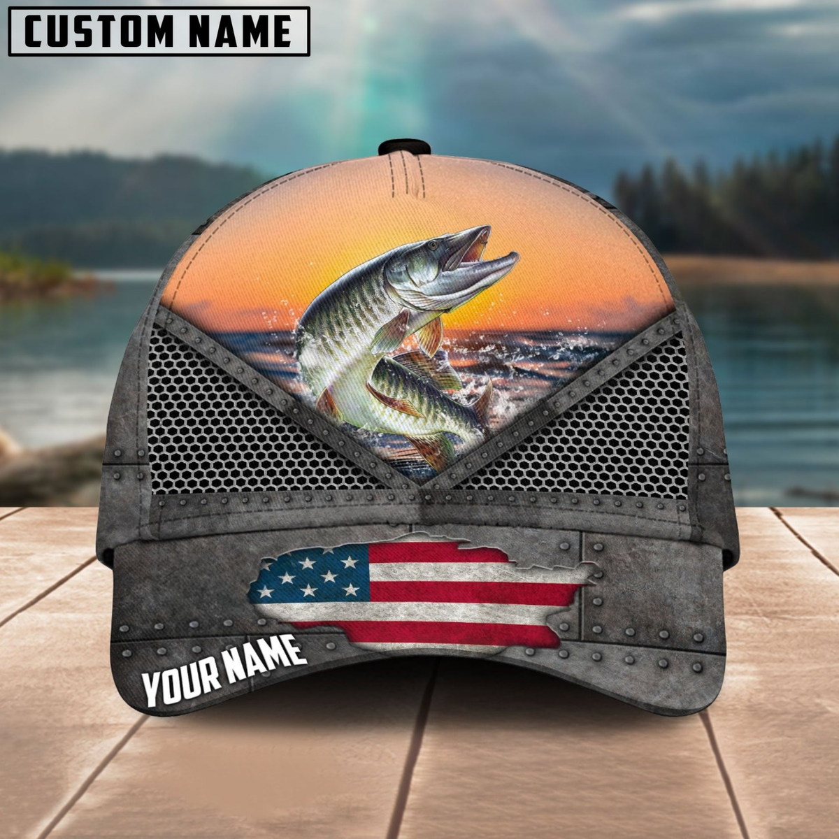 Blisscorners Musky Fishing Sunset Customized Name 3D Cap