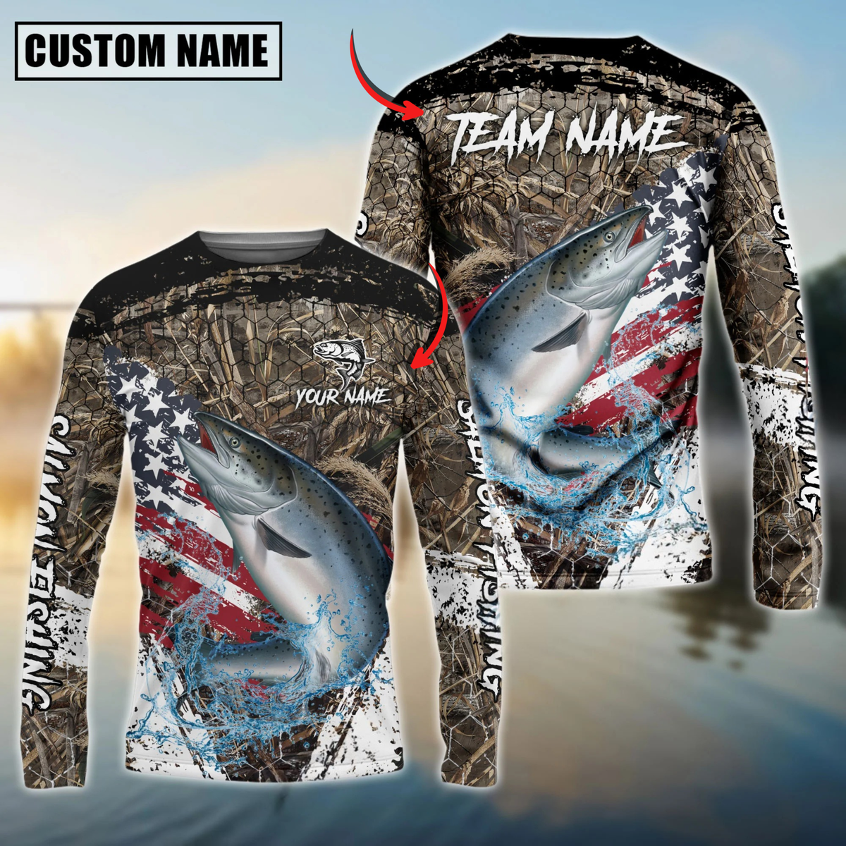 Blisscorners Salmon Fishing American Flag Scratch Grass Camo Custom Name & Team Name 3D Shirts