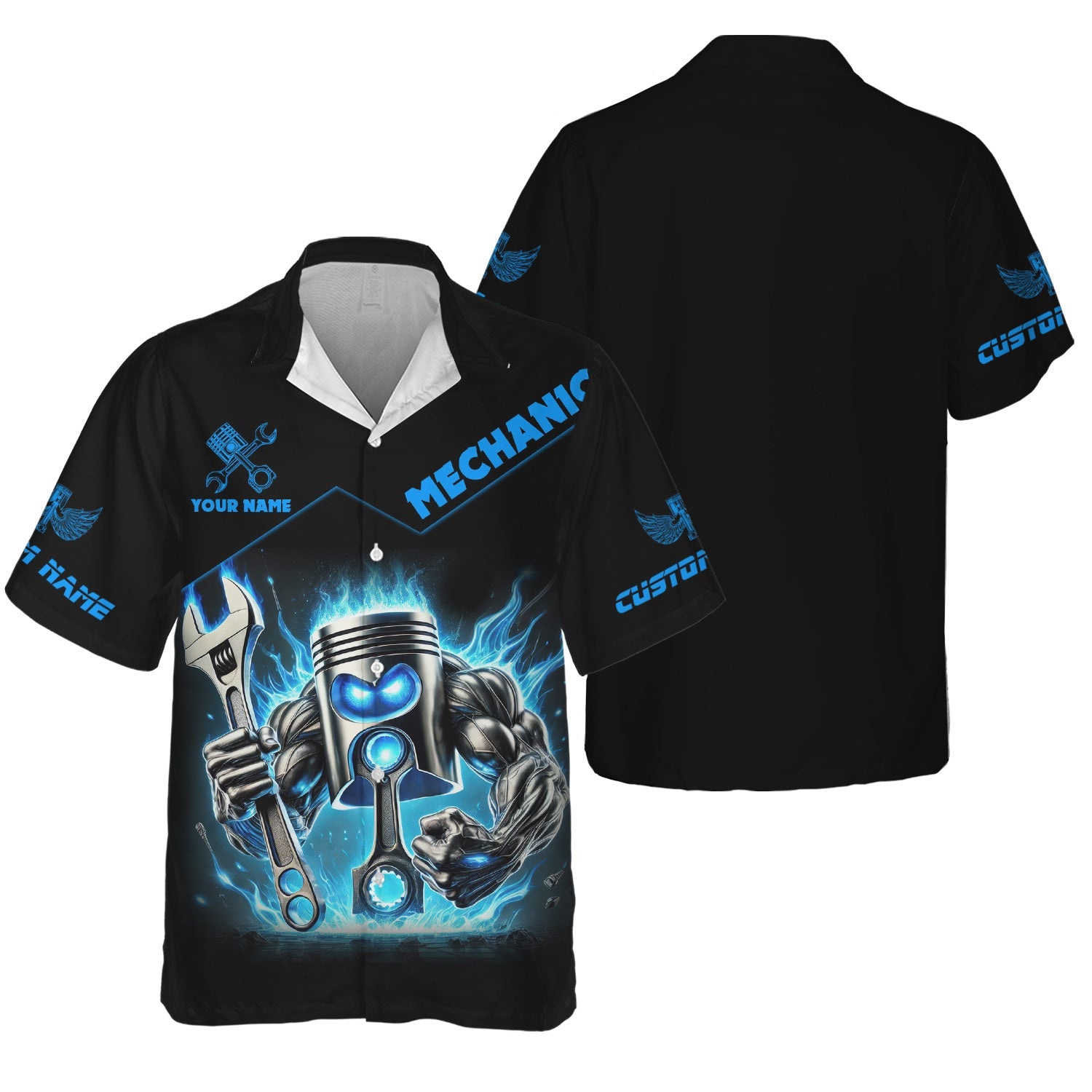 Blisscorners Custom Name Mechanic Shirt Blue Flame Muscle Engine Piston Holding Wrench T Shirt
