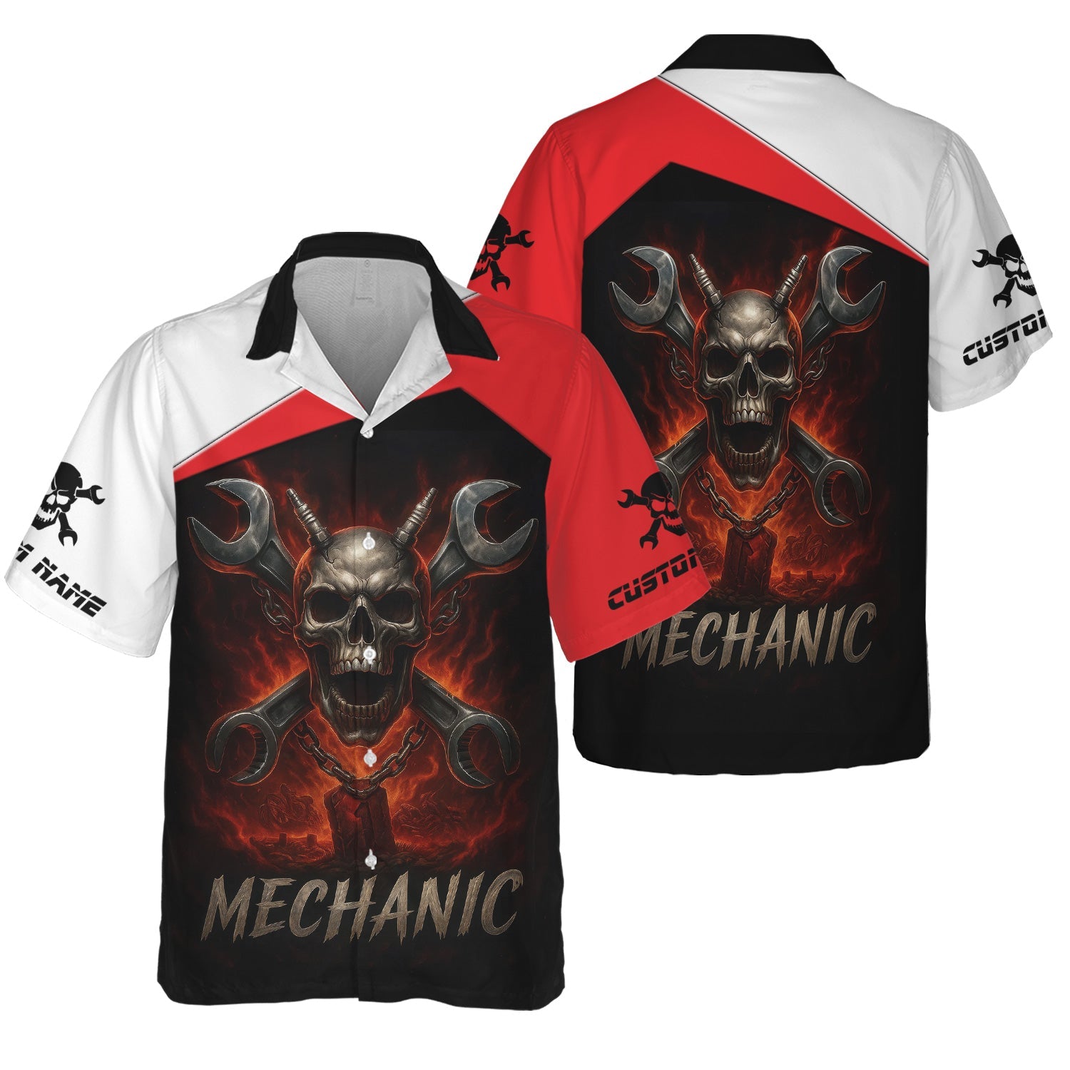 Blisscorners Custom Name Mechanic Shirt Wrench Flame Skull Design T Shirt