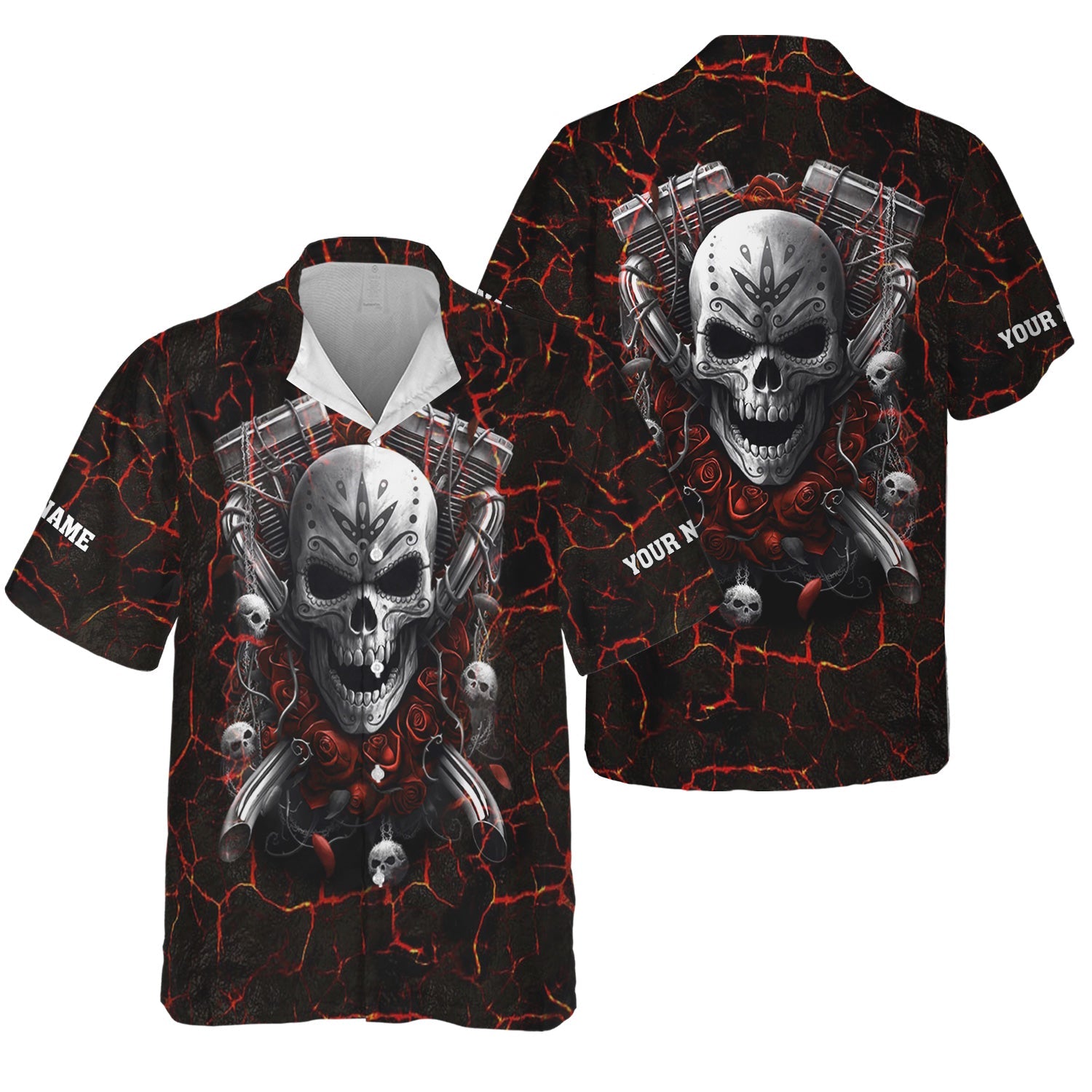 Blisscorners Custom Name Mechanic Shirt Machine Skull Flame Style T Shirt All Over Print