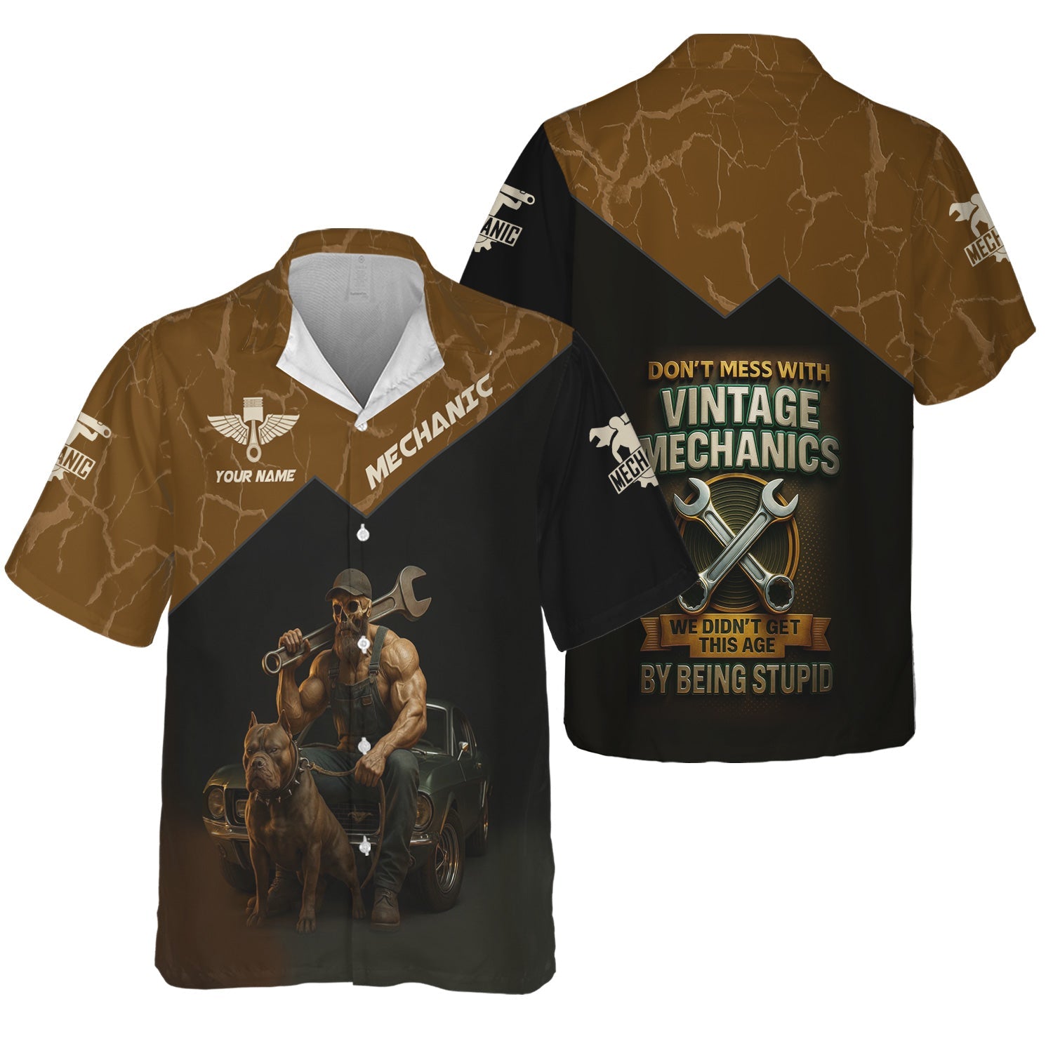Blisscorners Personalized T-Shirt Don't Mess With Vintage Mechanics Skull with Dog and Classic Car Design Shirt For Mechanics