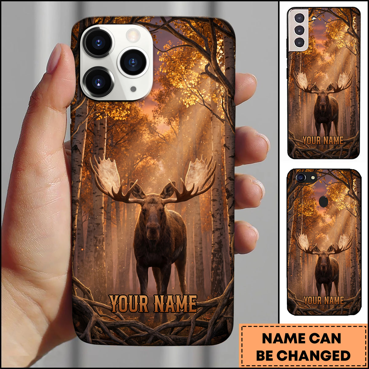 Blisscorners Artist Hunting Moose Golden Autumn Birch Forest Sunset Personalized Name Phone Case