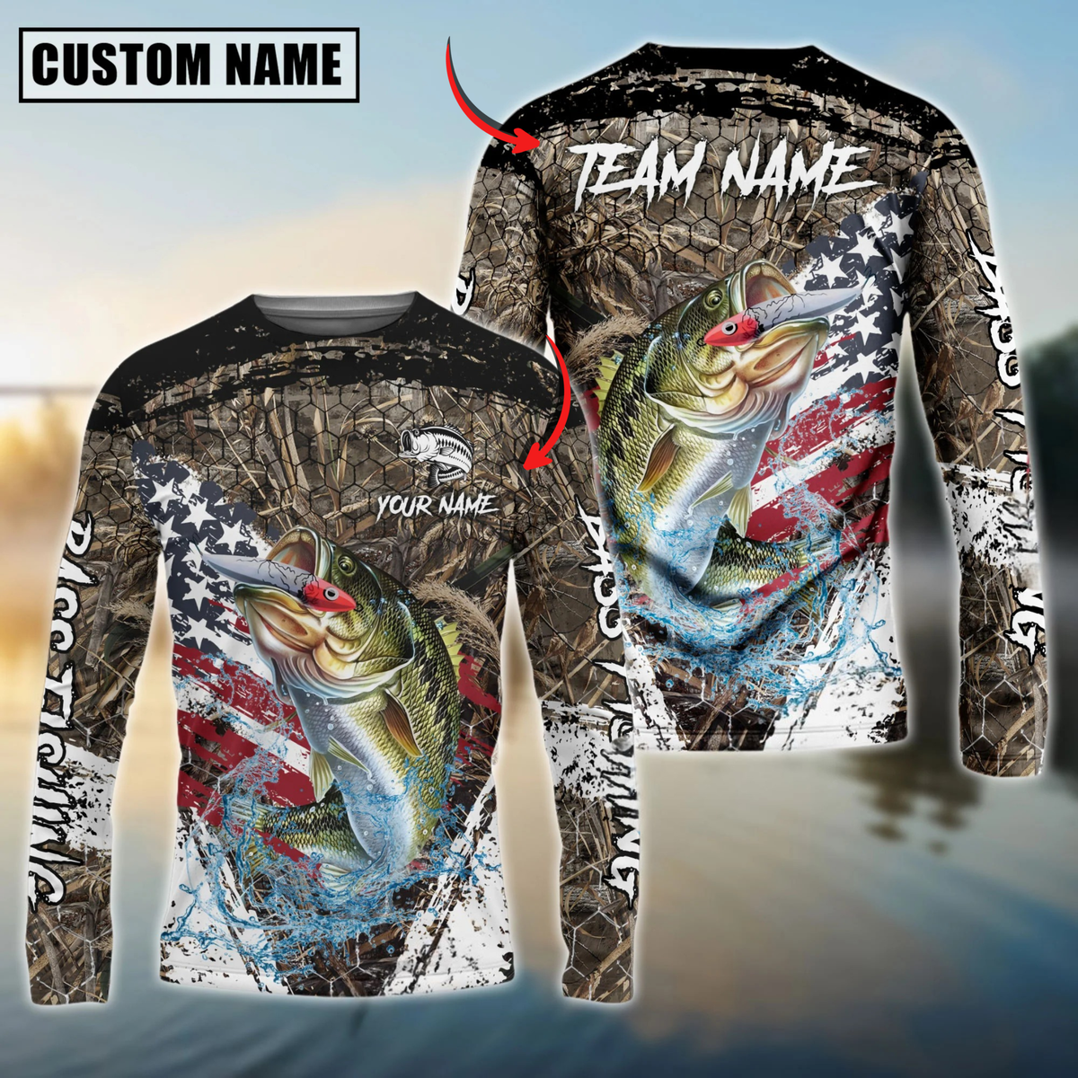 Blisscorners Bass Fishing American Flag Scratch Grass Camo Custom Name & Team Name 3D Shirts