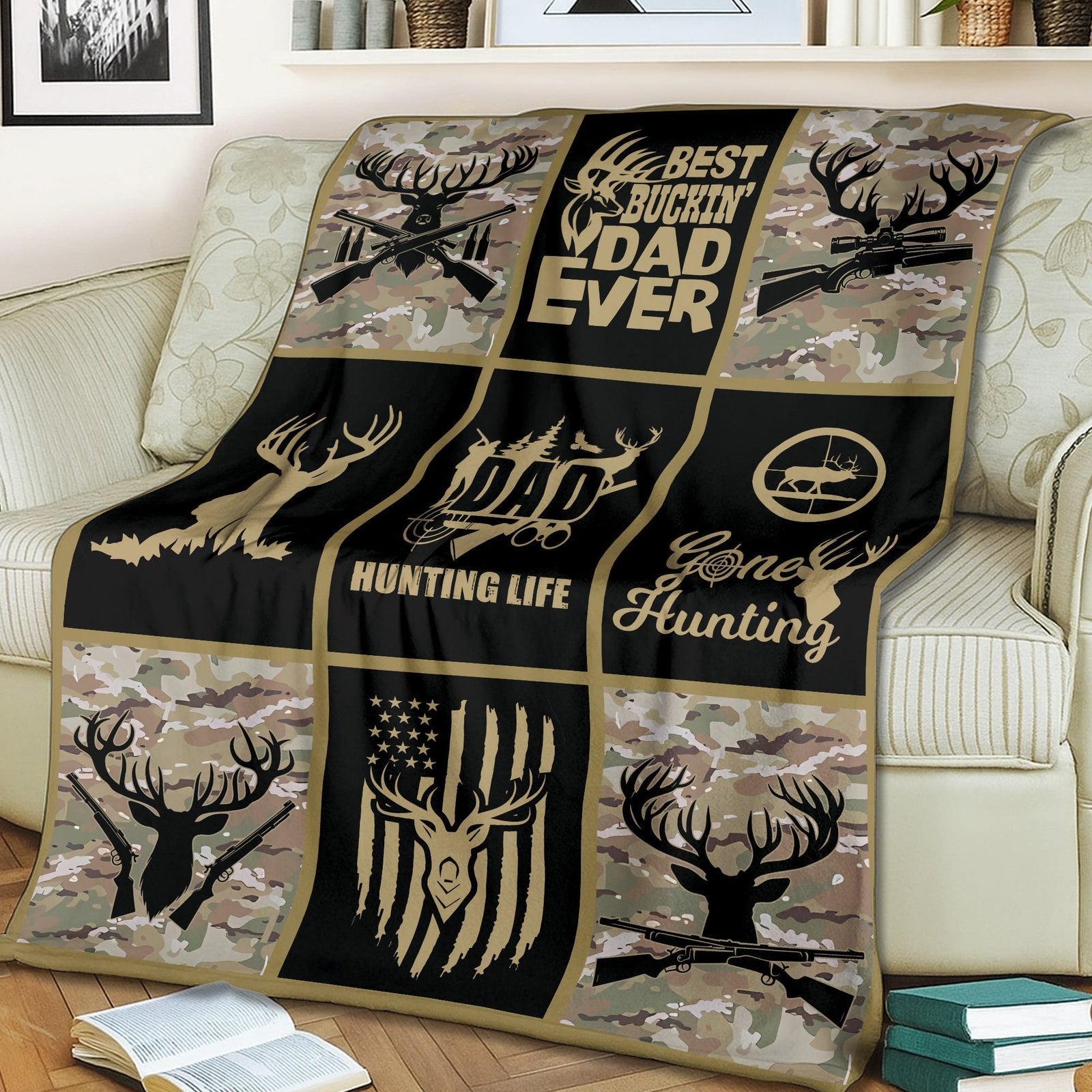Blisscorners Hunting Life Best Buckin’ Dad Ever Fleece Blanket - Camouflage Deer & Rifle Design - Gift for Hunters LM1611