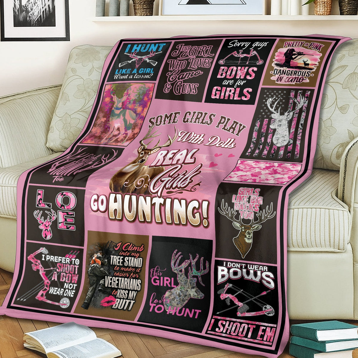 Blisscorners Real Girls Go Hunting Fleece Blanket - Pink Deer Hunting Gift for Women LM1611