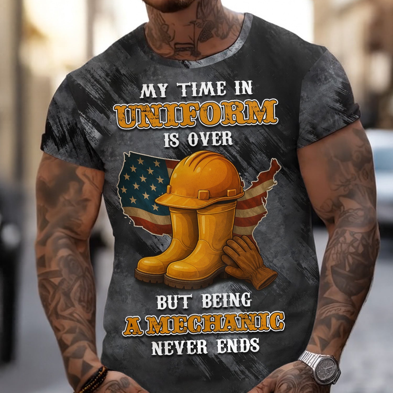 Blisscorners Funny Mechanic T Shirt My Time In Uniform Is Over But Being A Mechanic Never Ends American Flag Auto Repair Garage Workwear Gift For Men Dad