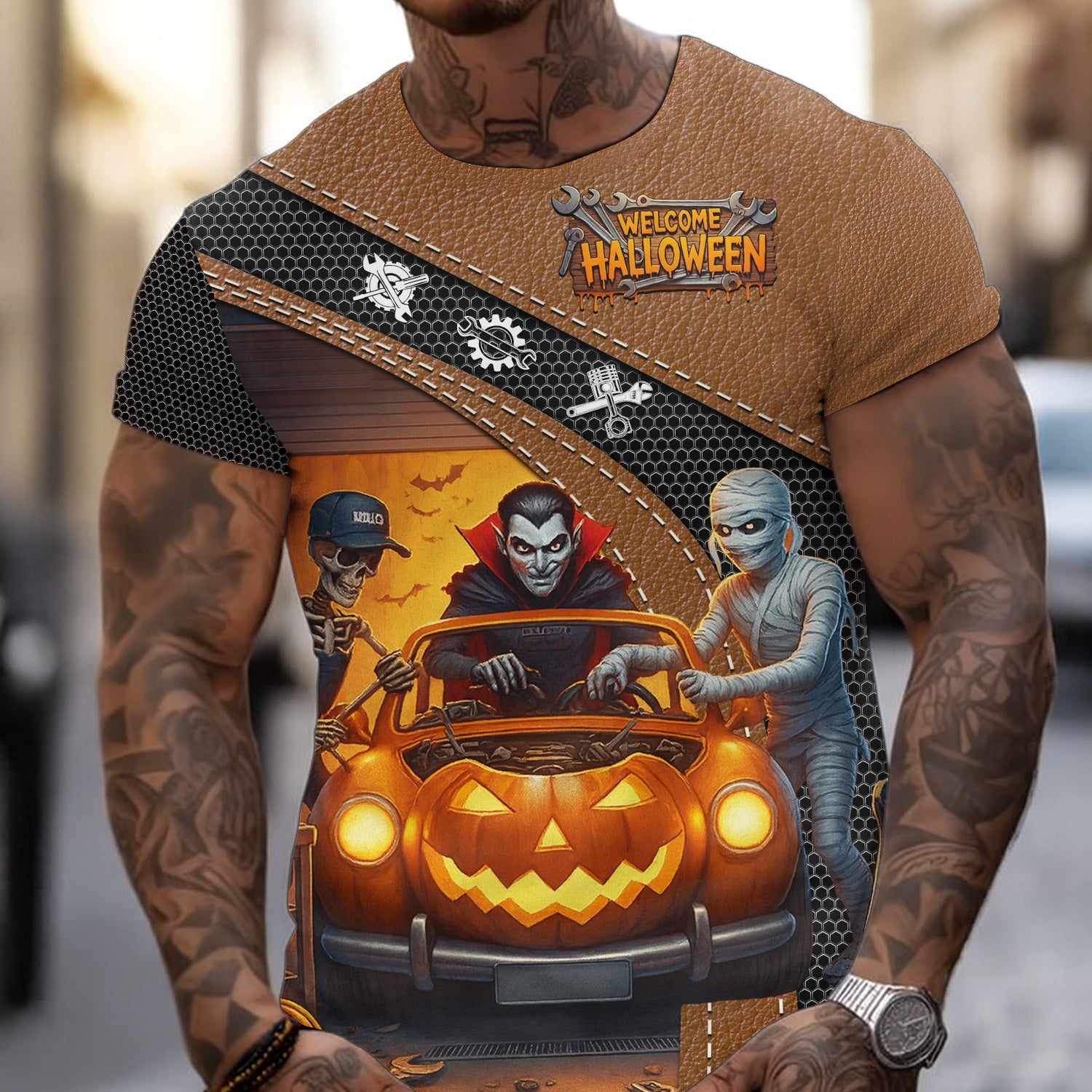 Blisscorners Halloween Mechanic T Shirt Funny Vampire Skeleton Mummy Pumpkin Car Spooky Auto Repair Garage Workwear Tee Gift For Men Women Halloween