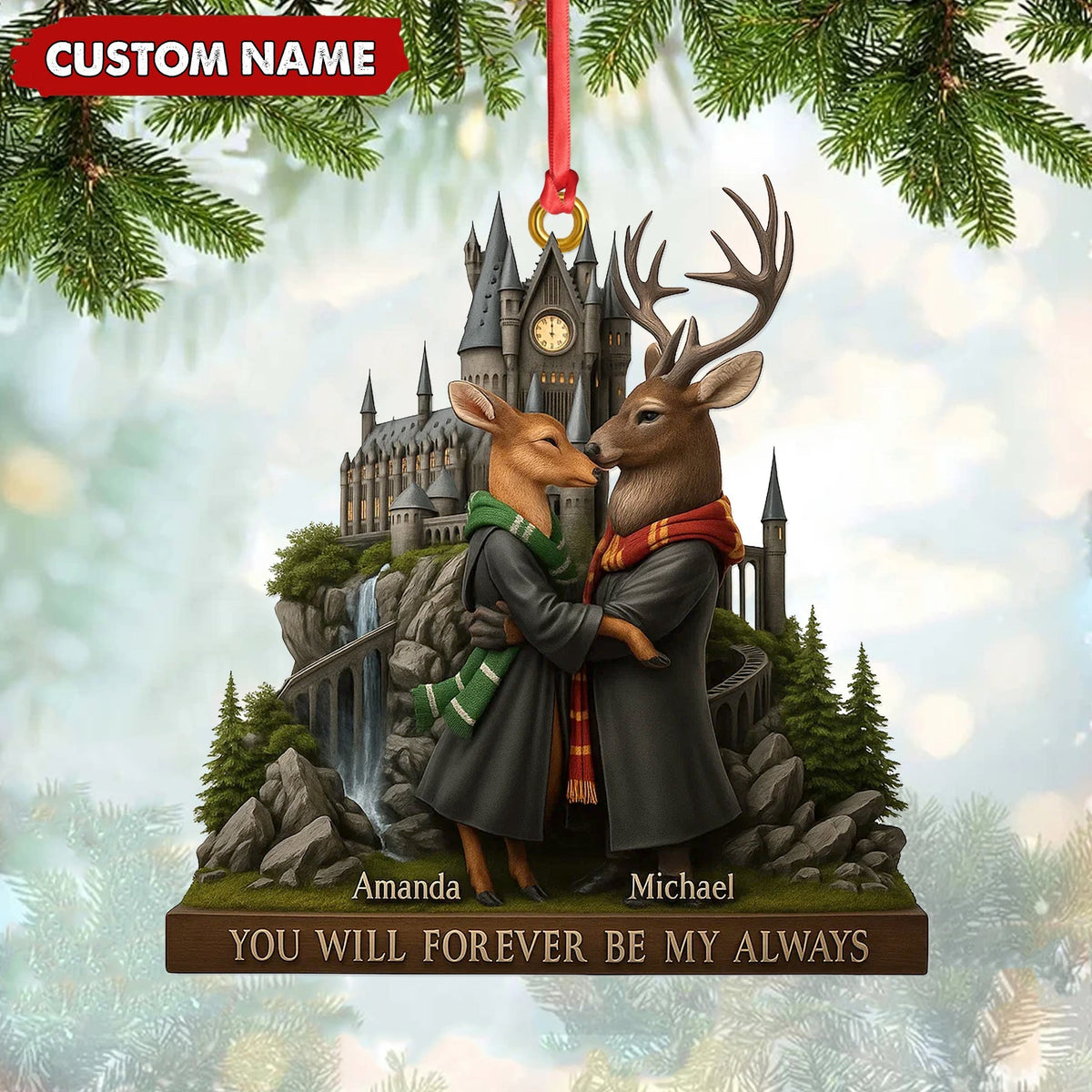 Blisscorners Personalized Wizard Castle Deer Couple Ornament, Custom Name Fantasy Lovers Christmas Gift, Magic School Romance Tree Decoration