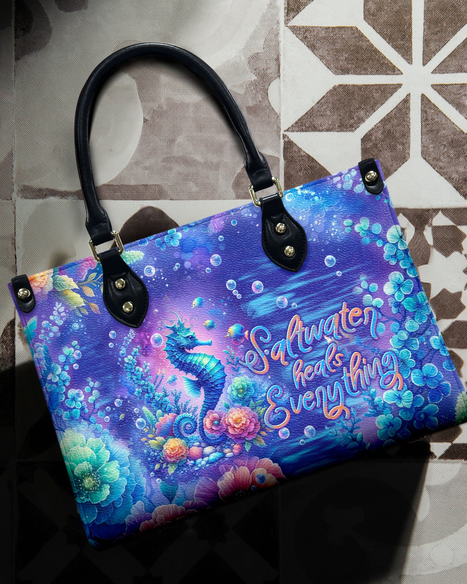 BLISSCORNERS SALTWATER HEALS EVERYTHING SEAHORSE LEATHER HANDBAG