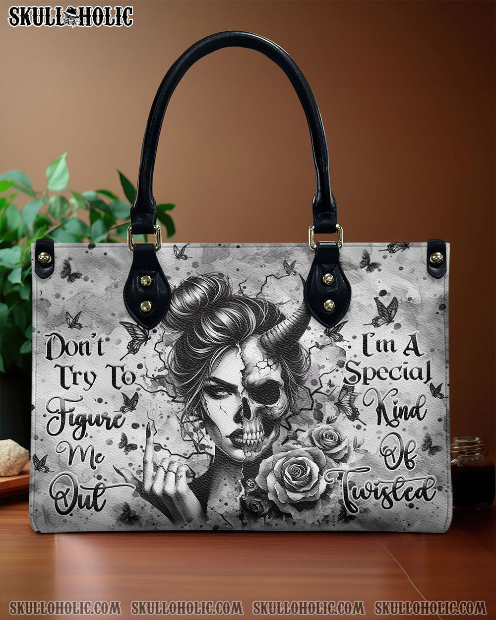 BLISSCORNERS DON'T TRY TO FIGURE ME OUT SKULL LADY LEATHER HANDBAG