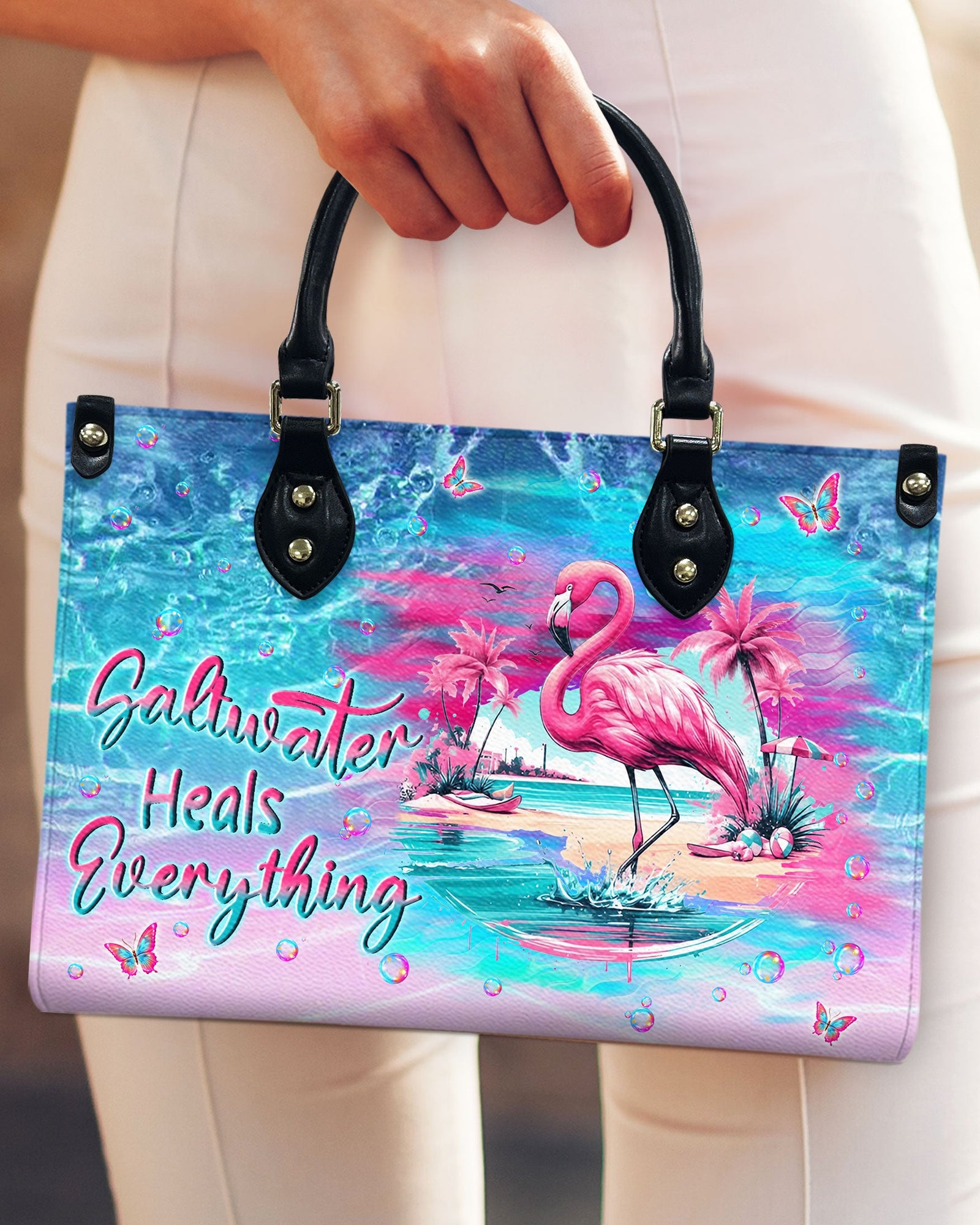 BLISSCORNERS SALTWATER HEALS EVERYTHING FLAMINGO LEATHER HANDBAG