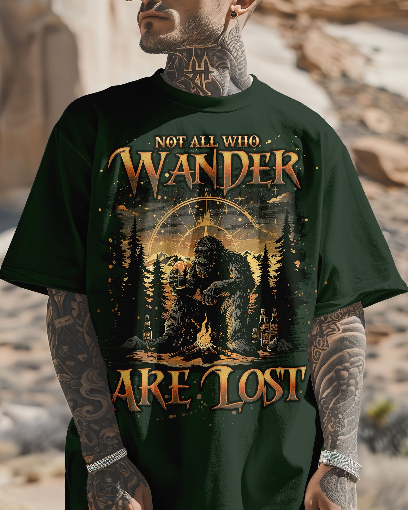 BLISSCORNERS NOT ALL WHO WANDER ARE LOST BIGFOOT COMPASS COTTON SHIRT