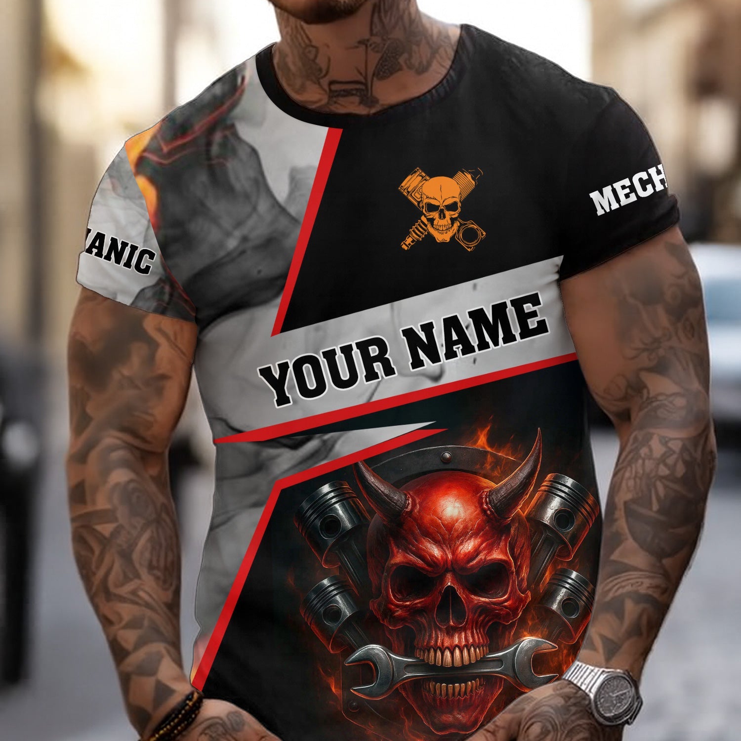 Blisscorners Custom Name Funny Mechanic Shirt Vintage Devil With Wrench Printed Mechanic T Shirt