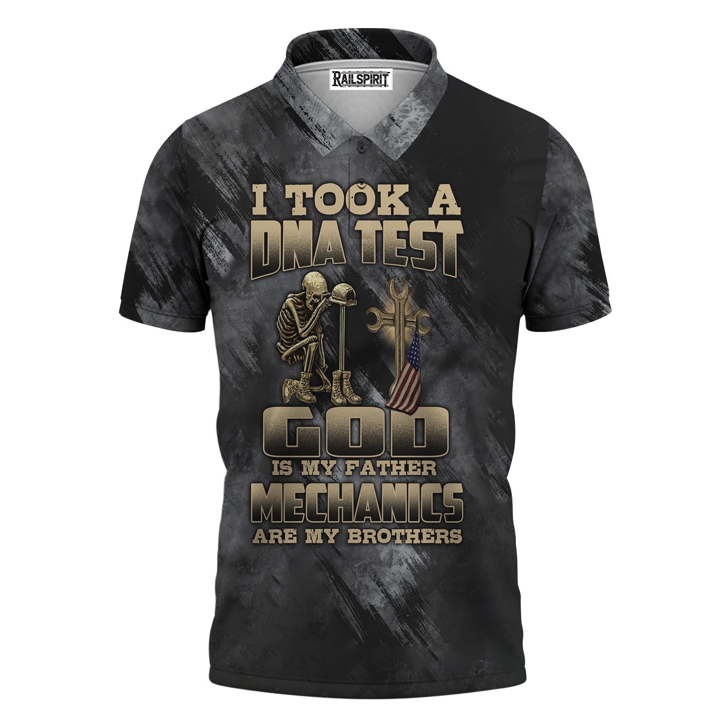 Blisscorners Mechanic T-Shirt, DNA Test Quote, God Father, Mechanics Brother, Funny Skeleton & Cross Design, Unique Gift for Mechanics & Fathers