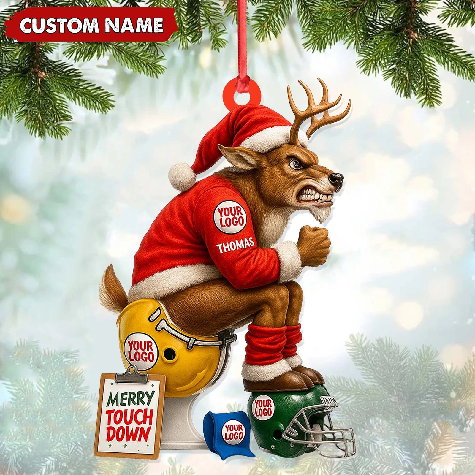 Blisscorners Personalized Football Christmas Ornament, Custom Reindeer Santa Touchdown Decoration, Funny Custom Name Team Logo Gift MT2411