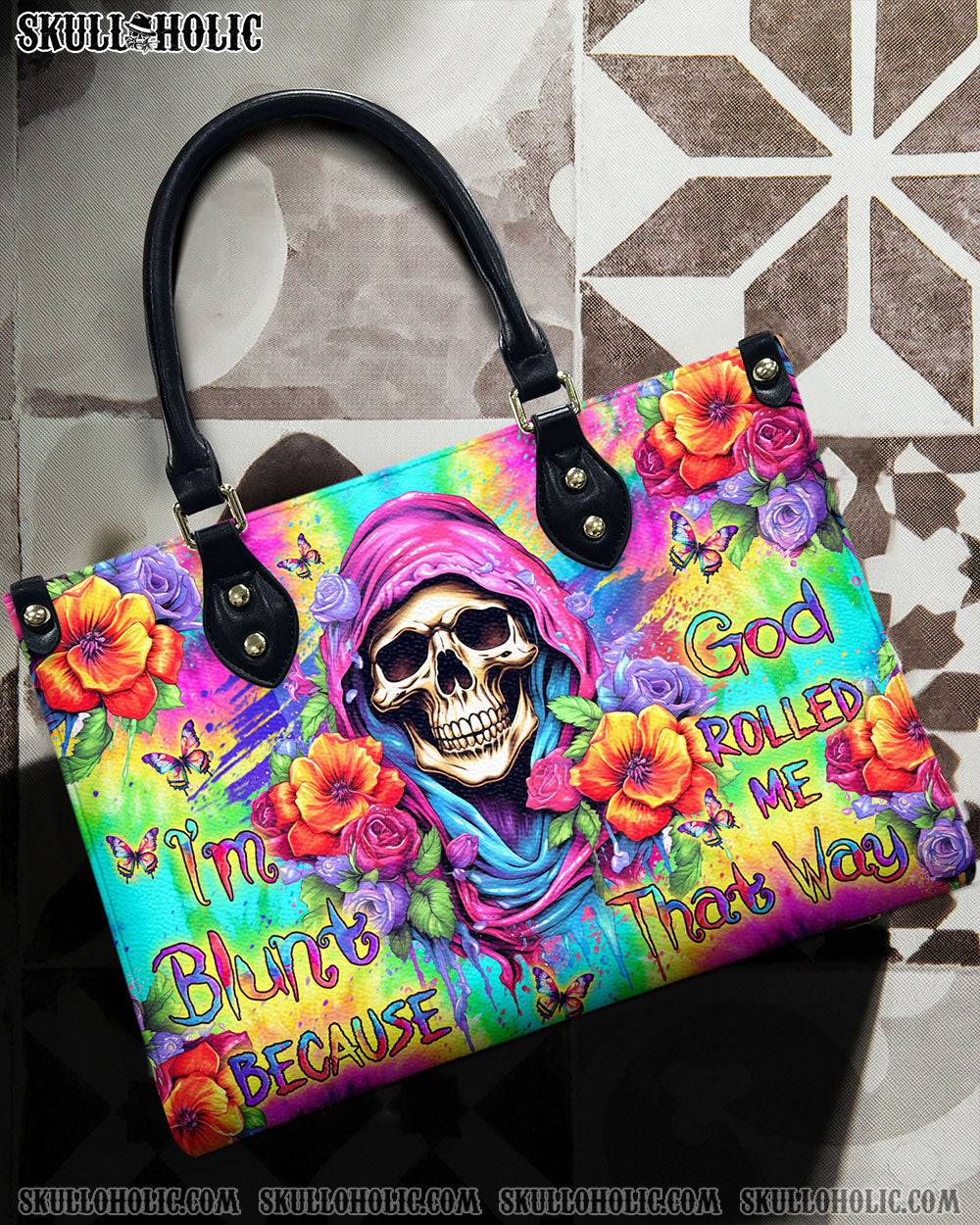 BLISSCORNERS I'M BLUNT BECAUSE GOD ROLLED ME LEATHER HANDBAG