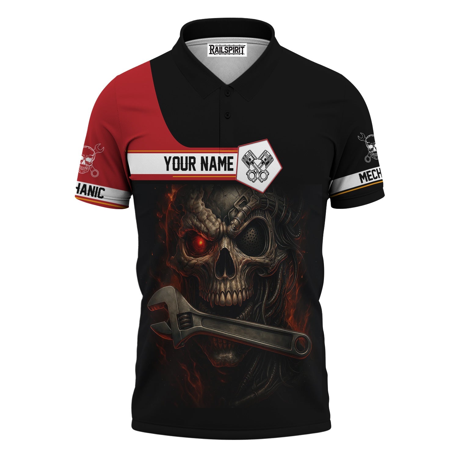 Blisscorners Custom Name Mechanic Shirt Cyber Skull with Wrench Design T Shirt